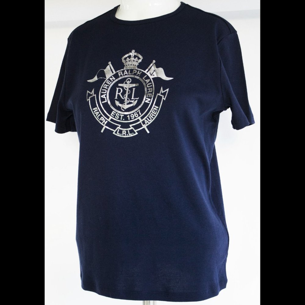 lauren Ralph Lauren Ladies Tee Shirt Top Shiny Silver Logo on Front Size S NWOT
